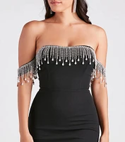 Shaylee Rhinestone Fringe Off-The-Shoulder Dress