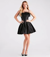 Lennon Satin Feather Trim Formal Skater Dress