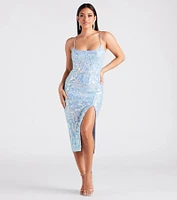 Karley Formal Sequin Low Back Midi Dress
