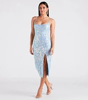 Karley Formal Sequin Low Back Midi Dress