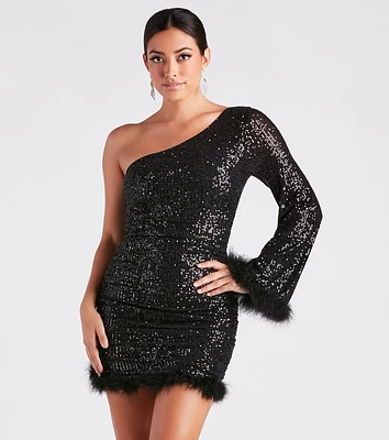 Donna Sequin Feather Trim Party Dress