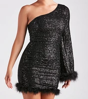 Donna Sequin Feather Trim Party Dress