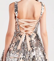 Esther Floral Sequin Lace-Up Skater Dress