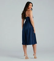Hailee Formal Satin Pleated A-Line Midi Dress