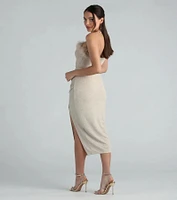 Reese Formal Strapless Marabou Glitter Midi Dress