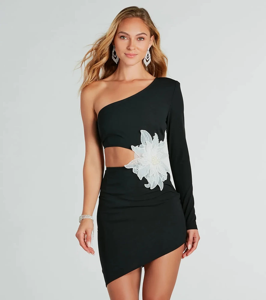 Naya One Shoulder Flower Applique Mini Dress