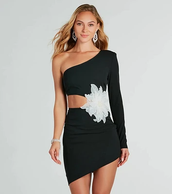 Naya One Shoulder Flower Applique Mini Dress
