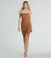 Joelle Wrap-Front Glitter Knit Formal Midi Dress