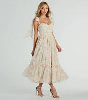Gretchen Sweetheart Tie Floral Chiffon Midi Dress