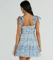 Brynne Formal Floral Mesh Ruffled Skater Dress