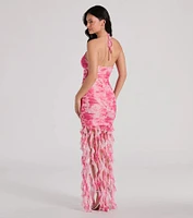 Belinda Halter Floral Rhinestone Ruffle Mini Dress