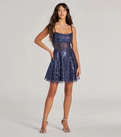 Angelica Lace-Up Corset Glitter Tulle Skater Dress