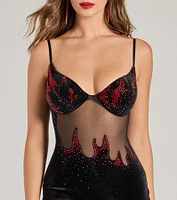 Sabrina Rhinestone Flame Sheer Velvet Mini Dress