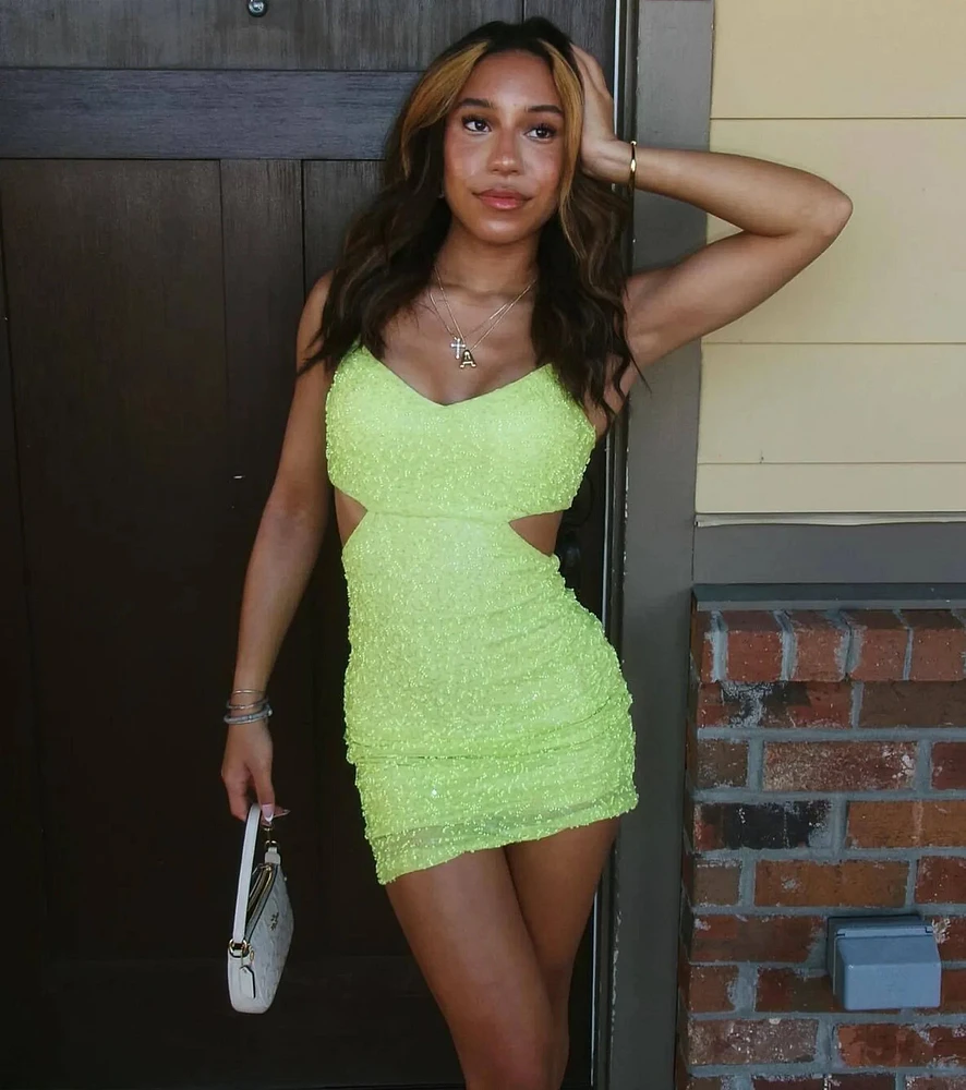 Penny Sequin Beaded Mesh Cutout Mini Dress
