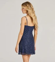 Karla V-Neck Beaded Sequin A-Line Mini Dress