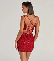 Hartley Lace-Up Sequin Mesh Bodycon Mini Dress