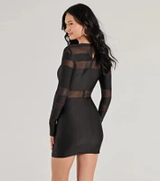 Delena Sheer Mesh Long Sleeve Bodycon Mini Dress