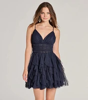 Leanna Ruffle Glitter Mesh Skater Dress