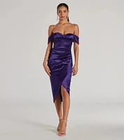 Gaia Satin Off-The-Shoulder Wrap Midi Dress