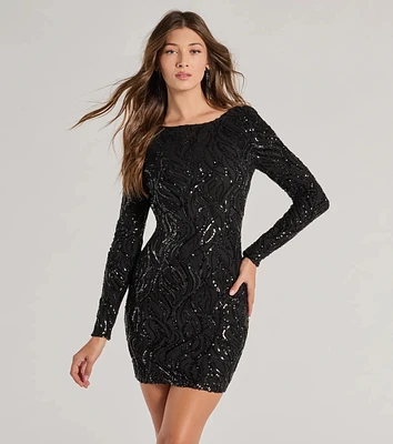 Brea Sequin Beaded Long Sleeve Cowl Back Mini Dress