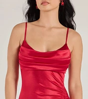 Kristen Formal Satin Cowl Neck Midi Dress