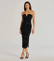 Destiny Strapless Velvet Mesh Midi Dress