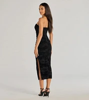 Destiny Strapless Velvet Mesh Midi Dress