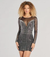 Mischa Sheer Long Sleeve Rhinestone And Faux Pearl Mini Dress