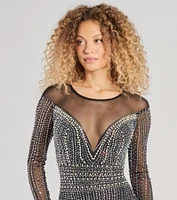 Mischa Sheer Long Sleeve Rhinestone And Faux Pearl Mini Dress