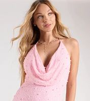 Guinevere Beaded Cowl Halter Mini Dress