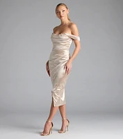 Martine Off-The-Shoulder Midi Satin Formal Dress