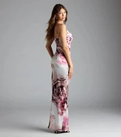 Solada Cowl Neck Slit Floral Satin Formal Dress