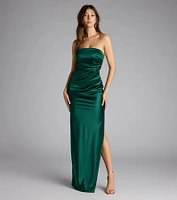 Brianna Satin Strapless High Slit Column Dress