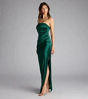 Brianna Satin Strapless High Slit Column Dress