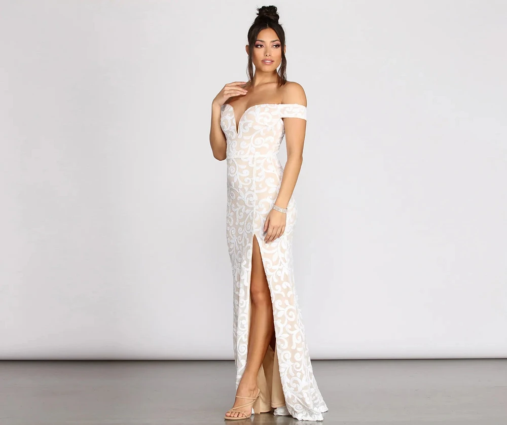 Marzia Scroll Sequin Mesh Mermaid Dress
