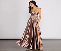 Delaney Satin Triple Rhinestone Trim A-Line Dress