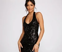 Haven Formal Sequin Scroll Halter Dress