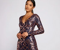 Ayla Formal Long Sleeve Sequin Scroll Dress