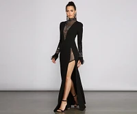 Beka Mesh And Heat Stone High Slit Dress