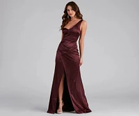 Darlene Formal Satin Wrap Slit Long Dress
