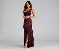 Darlene Formal Satin Wrap Slit Long Dress