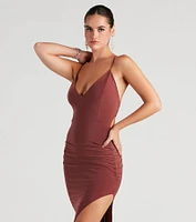Heather Ruched High-Slit Formal Dress