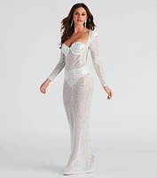 Crystal Iridescent Rhinestone Sheer Formal Dress