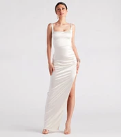 Lia Ruched Satin High Slit Formal Dress
