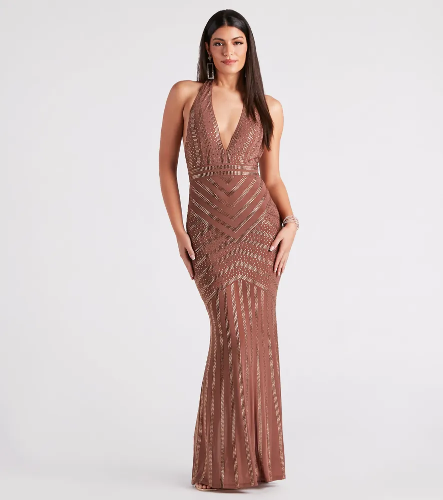 Windsor CLEARANCE - Miriam Rhinestone Plunging Halter Mermaid Dress