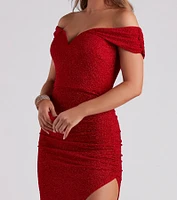 Elianna Off-The-Shoulder Glitter Formal Dress