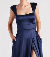 Lisa Satin High Slit A-Line Formal Dress