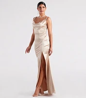 Kaylani Formal Satin Cowl Neck Long Dress