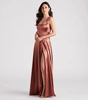 Lisa Satin High Slit A-Line Formal Dress