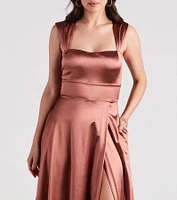 Lisa Satin High Slit A-Line Formal Dress